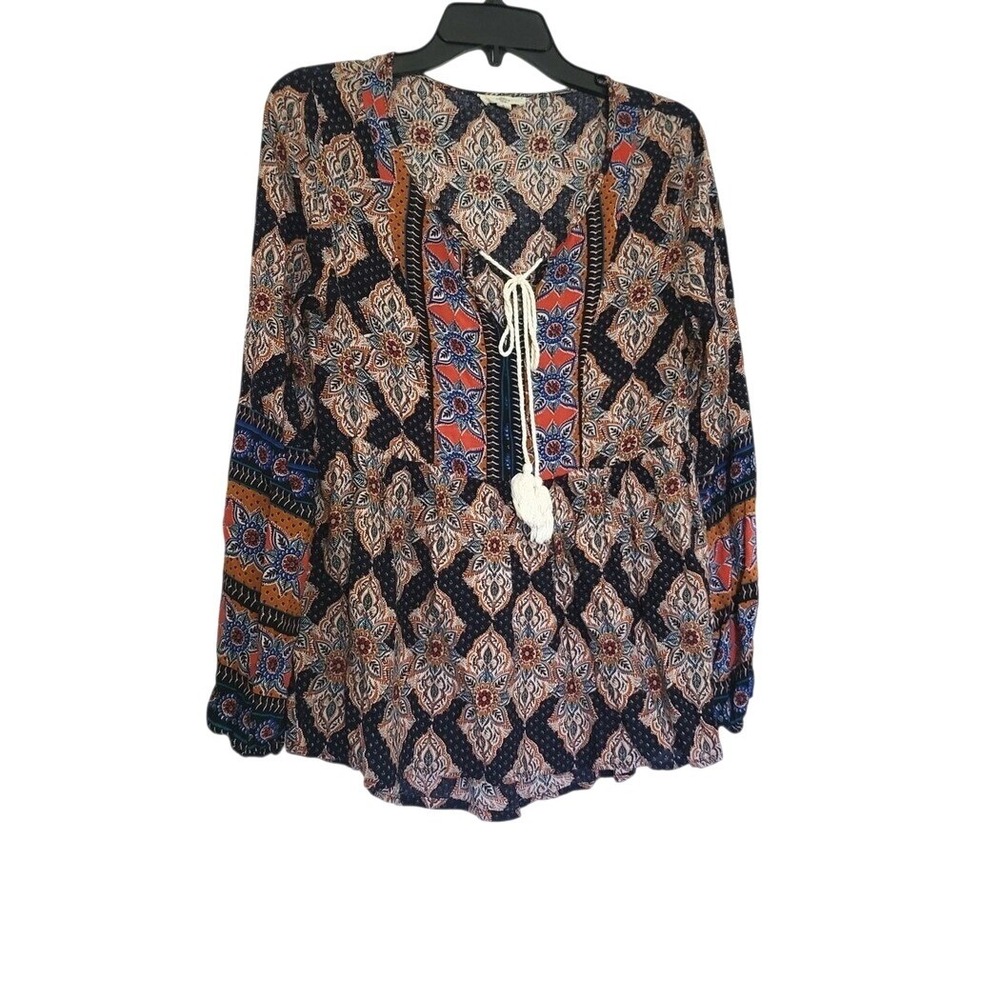 Entro Womens Boho Floral V-Neck Tassel Tie Long Sleeve Peasant Blouse Small
